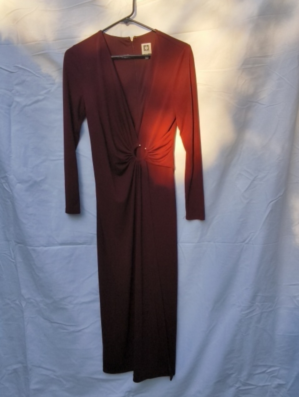 Anne Klein Burgundy O-Ring Ruched Midi Dress Long Sleeve V Neck WineDarkRomantic